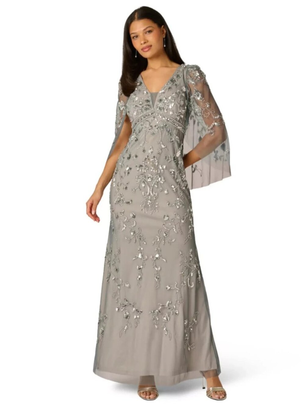 Adrianna Papell Pewter Silver Beaded Cape Sleeve Sheath Dress